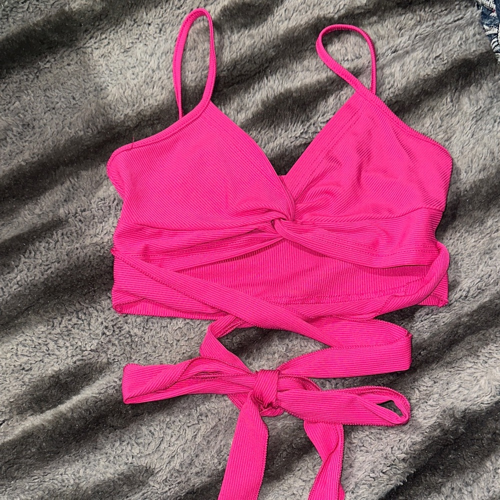 Hot Pink Ribbed Wrap Crop Top